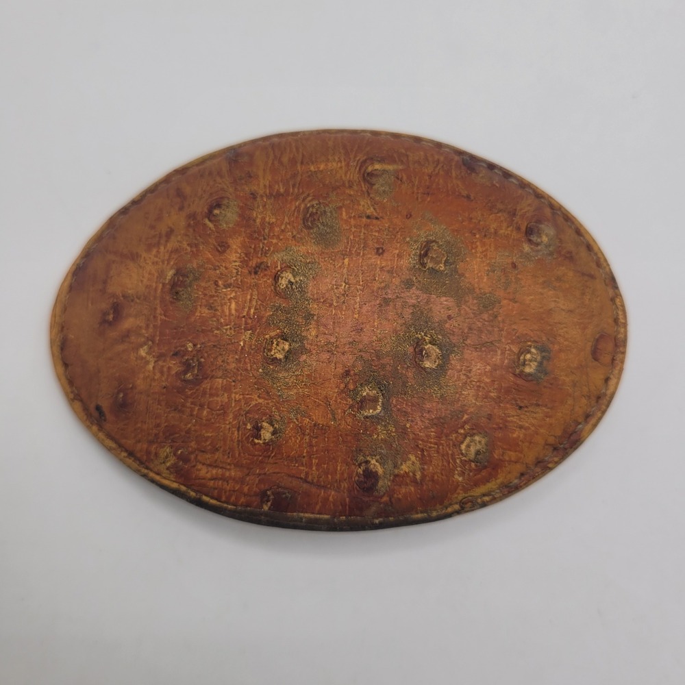 VTG Ferrini Belt Buckle Tan Leather Ostrich Oval Western Cowboy Covered Patina